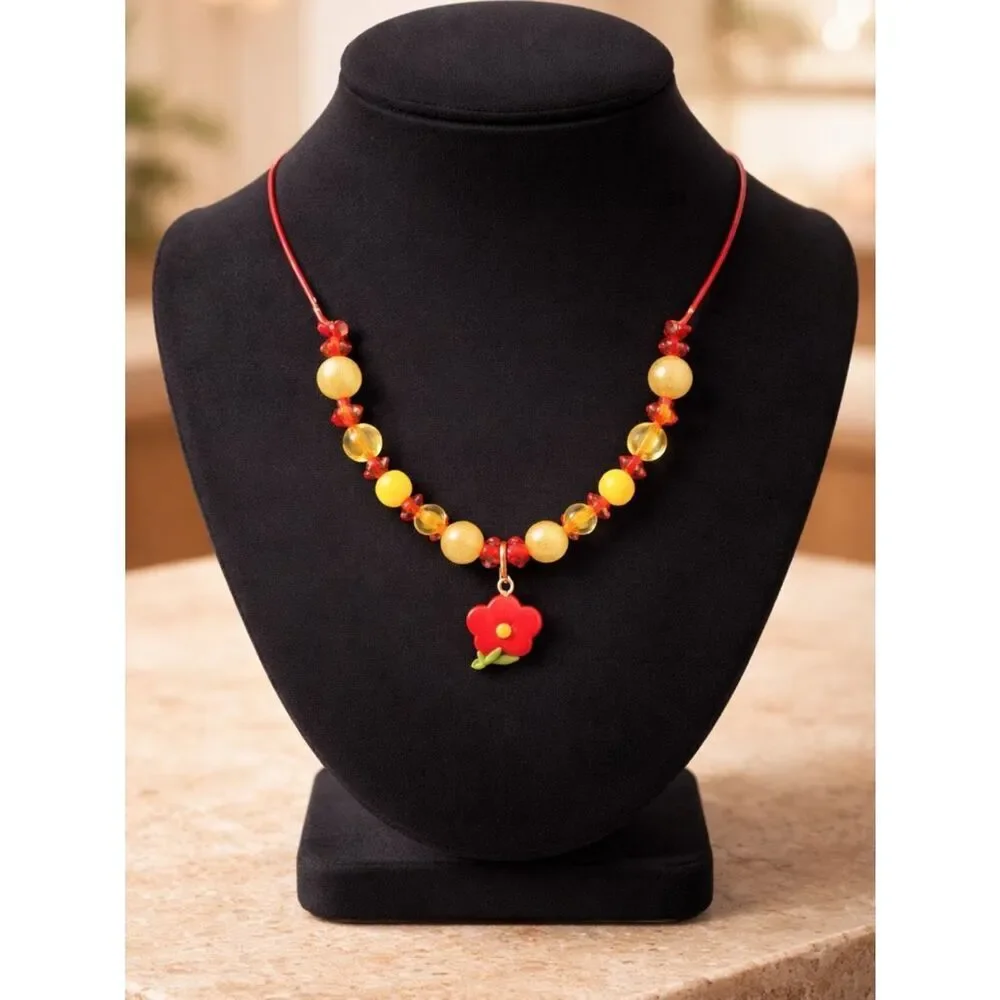 NWOT Toddler/Girls Adjustable Beaded Necklace Flower Pendant Yellow Res - 10-14”